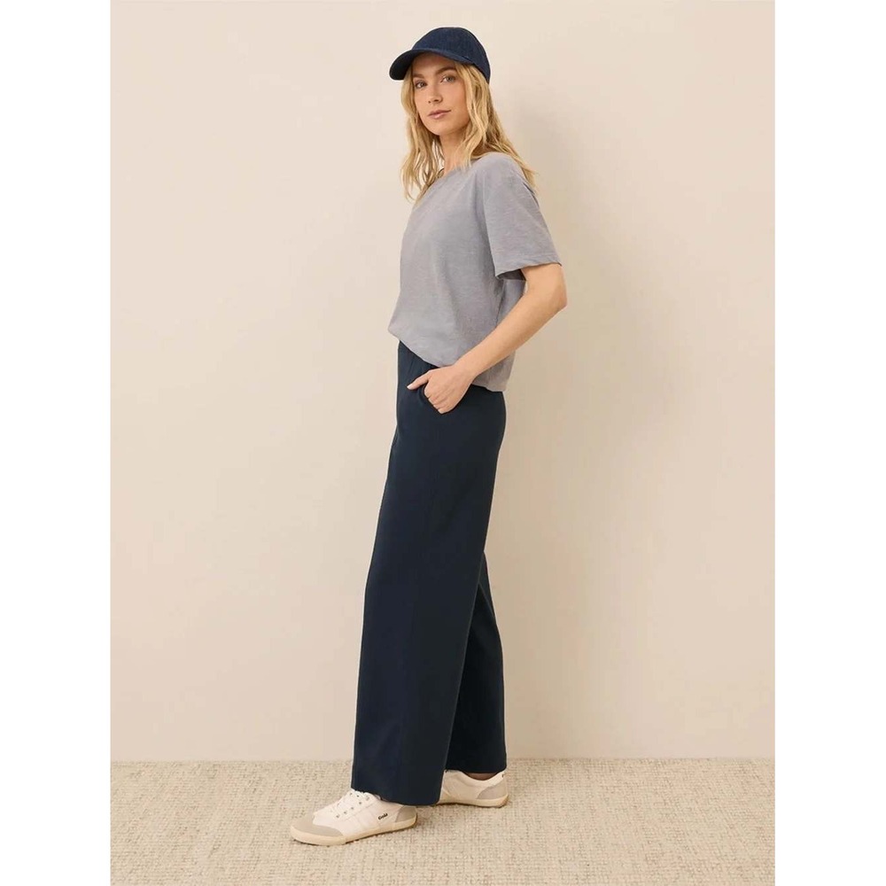 Pact Organic Airplane Pintuck Wide Leg Pants Navy Blue Cotton Cropped Medium - Picture 3 of 9